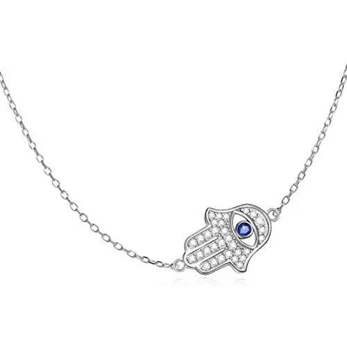 925 Sterling Silver Hamsa Hand of Fatima Evil Eye Sideways Choker Necklace Jewelry for Women (Hamsa Hand)