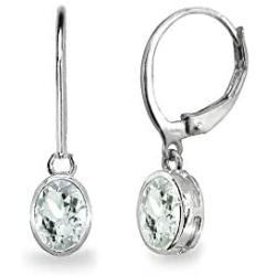 Sterling Silver Genuine or Synthetic Gemstone 7x5mm Oval Bezel-Set Dangle Leverback Earrings