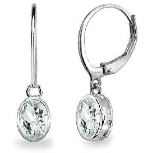 Sterling Silver Genuine or Synthetic Gemstone 7x5mm Oval Bezel-Set Dangle Leverback Earrings