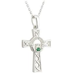 Biddy Murphy Celtic Cross Necklace Sterling Silver and Green Crystal Made in Ireland
