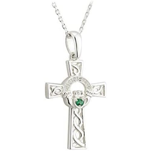 Biddy Murphy Celtic Cross Necklace Sterling Silver and Green Crystal Made in Ireland