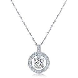 BAYAM Round Cut CZ Halo Gemstone Pendant Necklace 14K White Gold Plated - Cubic Zirconia Halo Cluster Necklace w/Solitaire - Wedding Anniversary Jewelry