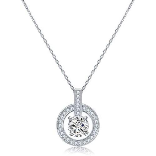 BAYAM Round Cut CZ Halo Gemstone Pendant Necklace 14K White Gold Plated - Cubic Zirconia Halo Cluster Necklace w/Solitaire - Wedding Anniversary Jewelry