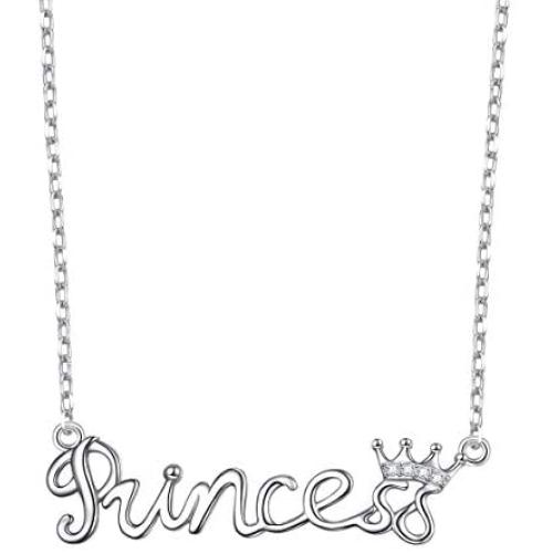 Flyow 925 Sterling Silver White Cz Crown Princess/Queen Pendant Word Charm Necklace for Girlfriend Wife Daughter Granddaughter, 18 Inch + 2 Inch