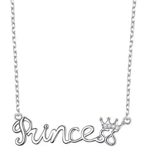 Flyow 925 Sterling Silver White Cz Crown Princess/Queen Pendant Word Charm Necklace for Girlfriend Wife Daughter Granddaughter, 18 Inch + 2 Inch