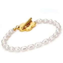 YorzAhar White Big Irregular Pearls Bracelets 7-8.5mm Pearls Stretch Bracelet 18k Gold Plated Pearl Strand Bracelet for Women (6 inch Long) Adjustable Chain