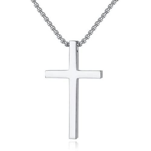 REVEMCN Gold Silver Black Cross Necklace, Simple Stainless Steel Cross Pendant Necklace for Men Women Kids 18-24 Inches Chain