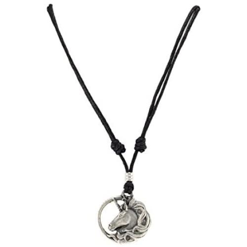 Unicorn Pendant on Adjustable Black Rope Cord Necklace (Old Silver)