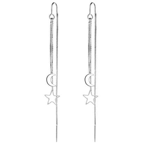 Tassel Moon Star Threader Drop Dangle Earrings for Women Girls Elegant Fashion Hollow Star Silver Plated Long Chain Hanging Earrings Minimalist Dangling Hypoallergenic Piercing Gifts Daughter Birthday
