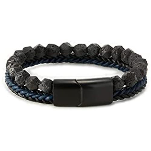 Matte Stone Mens Beads Leather Bracelet Natural Bead and Genuine Leather Stainless Steel Magnetic Closure Bracelets for Men Boys Charm Cuff Bangle Personality Bracelets