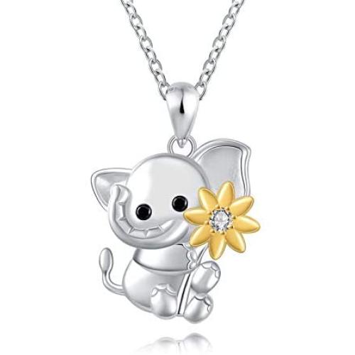 Sterling Silver Elephant Pendant Necklace with Sunflower Lovely Lucky Elephant Jewelry Birthday Gift for Mother Daughter Women Girls