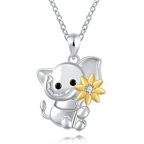 Sterling Silver Elephant Pendant Necklace with Sunflower Lovely Lucky Elephant Jewelry Birthday Gift for Mother Daughter Women Girls