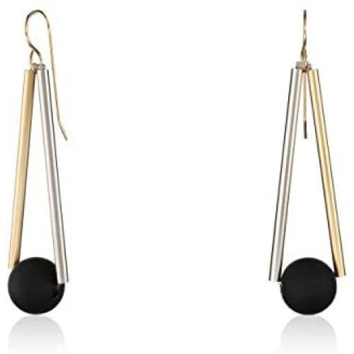 NIEVOS JEWELRY Gold Plated Earring 24k Gold Plated And 925 Geometric Earring With Black Ball Bead. Geometric Style Gift Jewelry Handmade For Her Designer Made By Women Love