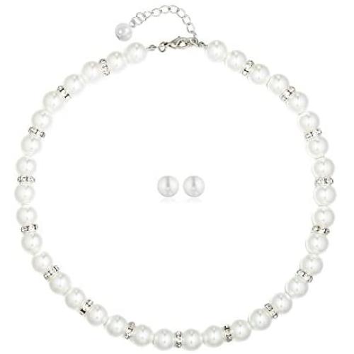 Femtindo Faux Pearl Necklace Bracelet Stud Earrings for Women Bridal Jewelry Set for Wedding Fit with Bridesmaids Dress