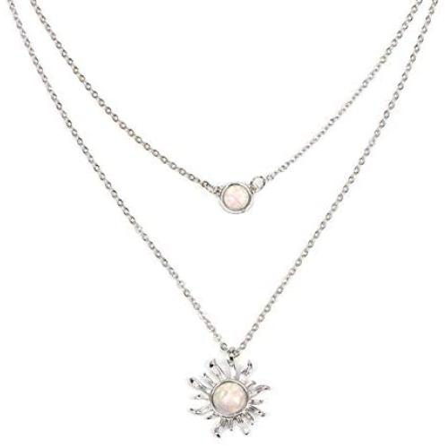 HUNO Double Chains Moon and Sun Layered Choker Necklace Sunflower Opal Pendant Necklace Gift for Women