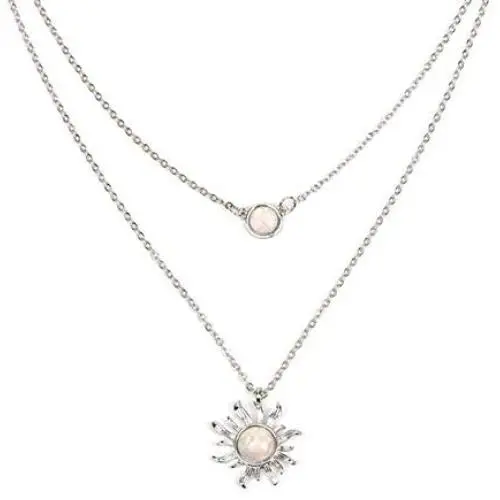 HUNO Double Chains Moon and Sun Layered Choker Necklace Sunflower Opal Pendant Necklace Gift for Women HUNO Double Chains Moon and Sun Layered Choker Necklace Sunflower Opal Pendant Necklace Gift for Women
