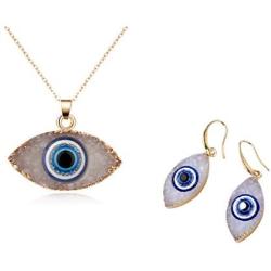 Evil Eye Necklace Drop Earring Set Turkish Blue Eyes Resin Imitated Druzy Pendant Necklace Ethnic Gold Plated Faith Protection Lucky Jewelry for Women Girls