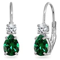 Sterling Silver 7x5mm Teardrop Genuine or Synthetic Gemstone & Round Cubic Zirconia Leverback Earrings