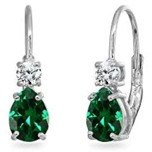 Sterling Silver 7x5mm Teardrop Genuine or Synthetic Gemstone & Round Cubic Zirconia Leverback Earrings