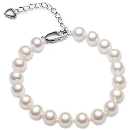 Pearl Bracelets for Women Freshwater Cultured White Round Sterling Silver Genuine Pearl Bracelet for Girls 6-6.5mm/6.5-7.5mm/7.5-8.5mm