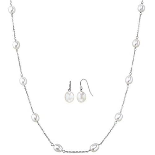 Honora 7.5-8 mm & 8-8.5 mm Freshwater Cultured Pearl Necklace & Earrings Set in Sterling Silver