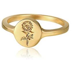 YeGienor Handmade Flower Signet Ring -18K Gold Over 925 Sterling Silver-Minimalistic Statement Ring with Botanical Engraved- Delicate Jewelry Gift for Women/Girls