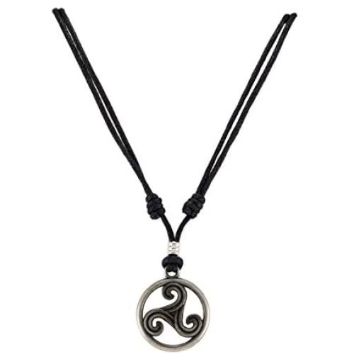 BlueRica Triskelion Celtic Symbol (Trinity, Eternity) Pendant on Adjustable Black Rope Cord Necklace (Old Silver)