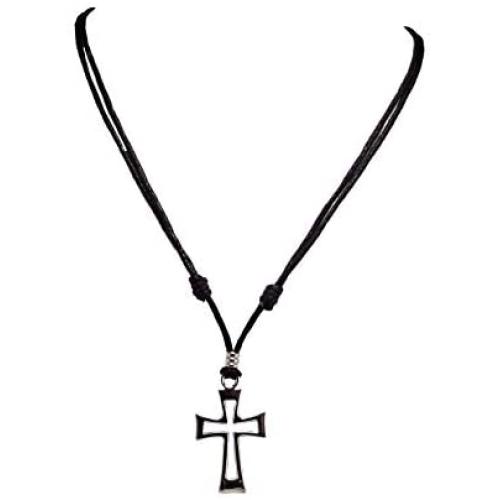 BlueRica Cross Pendant on Adjustable Black Rope Cord Necklace (Chrome)