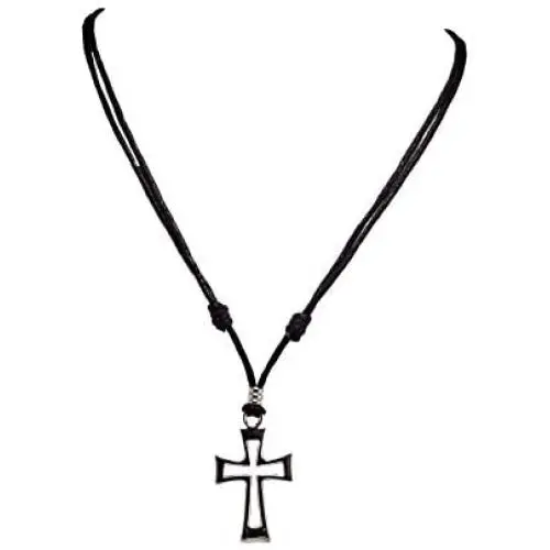 BlueRica Cross Pendant on Adjustable Black Rope Cord Necklace (Chrome) BlueRica Cross Pendant on Adjustable Black Rope Cord Necklace (Chrome)