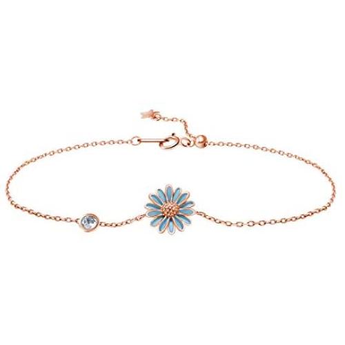 Daisy Bracelets, 925 Sterling Silver Cubic Zirconia Link Little Sunflower Bracelets Dainty Jewelry Gift for Women