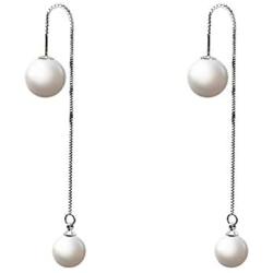 Pearl Dangle Drop Threader Earrings, Long Freshwater Cultured Double Sided Pearl Jewelry for Women Girls
