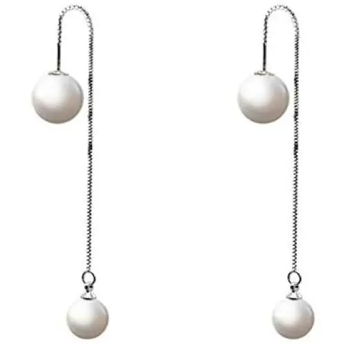 Pearl Dangle Drop Threader Earrings, Long Freshwater Cultured Double Sided Pearl Jewelry for Women Girls Pearl Dangle Drop Threader Earrings, Long Freshwater Cultured Double Sided Pearl Jewelry for Women Girls