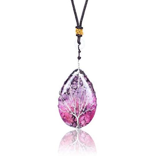 JK&EROSSTARS Wire Wrapped Tree of Life Natural Gemstone Teardrop Pendant Necklace Healing agate Chakra Jewelry for Women