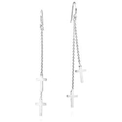 Stunning Twin Crosses .925 Sterling Silver Dangle Earrings