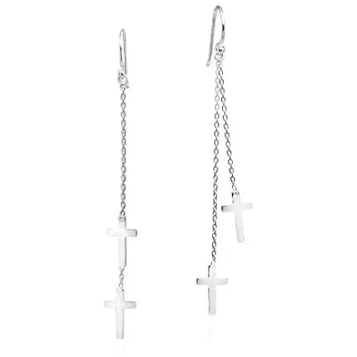 Stunning Twin Crosses .925 Sterling Silver Dangle Earrings