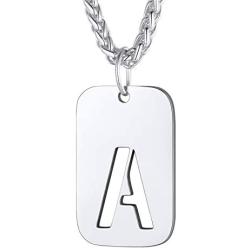 Bandmax Initial Letter for Men Necklace Chain Dog Tags Stainless Steel 26 Alphabet Hollow Capitals Boy Chains with Pendants Jewelry Platinum/Gold/Black Necklace Chain for Men Spiga Chain(Gift Box)