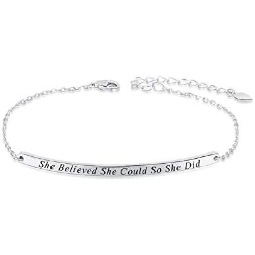 FREECO Graduation Gift 925 Sterling Silver Engraved Inspirational Adjustable Bracelet “She Believed She Could So She Did” Friendship Mothers Day