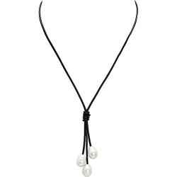 Pearlypearls 3 Freshwater Pearl Pendant Necklace on Black Leather Cord Jewelry for Women 18