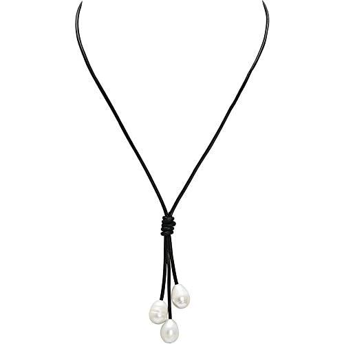 Pearlypearls 3 Freshwater Pearl Pendant Necklace on Black Leather Cord Jewelry for Women 18