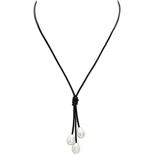 Pearlypearls 3 Freshwater Pearl Pendant Necklace on Black Leather Cord Jewelry for Women 18 Pearlypearls 3 Freshwater Pearl Pendant Necklace on Black Leather Cord Jewelry for Women 18