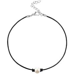 MJartoria Girls Black PU Leather Cord Faux Pearl Choker Necklace