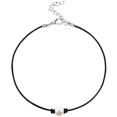 MJartoria Girls Black PU Leather Cord Faux Pearl Choker Necklace