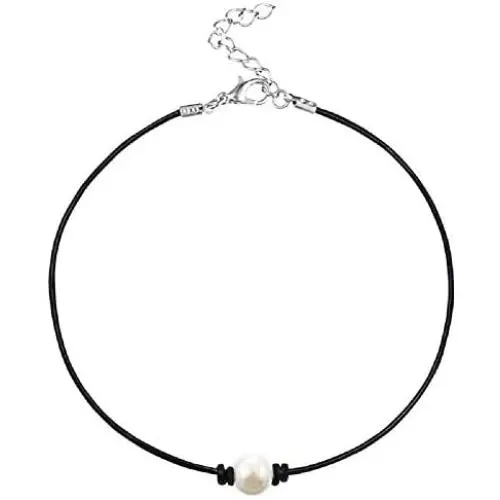 MJartoria Girls Black PU Leather Cord Faux Pearl Choker Necklace