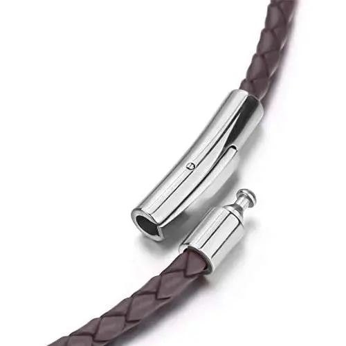 Braided Leather Cord 3MM Chain Necklace Stainless Steel Durable Snap Clasp, Men Women DIY Woven Rope Chain for Pendant Black/Brown/Red/Blue 18-30inch