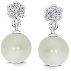 La Joya 925 Sterling Silver 6.00 mm Freshwater Cultured Pearl Round White Diamond Flower Drop Dangle Earrings for Women gift for valentines day