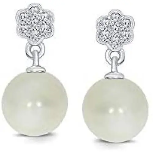 La Joya 925 Sterling Silver 6.00 mm Freshwater Cultured Pearl Round White Diamond Flower Drop Dangle Earrings for Women gift for valentines day