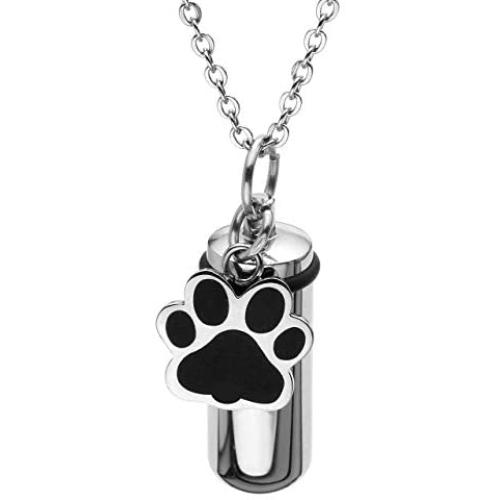 Jovivi Personalized Custom Stainless Steel Pet Puppy Dog Paw Charm Cylinder Urn Necklace Keychain for Ashes Memorial Keepsake Pendant Cremation Jewelry with Filler Kit and Box