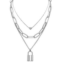 Salircon Layered Necklace Lock Key Pendant Punk Long Chain Statement Choker for Women Men Teen Girls