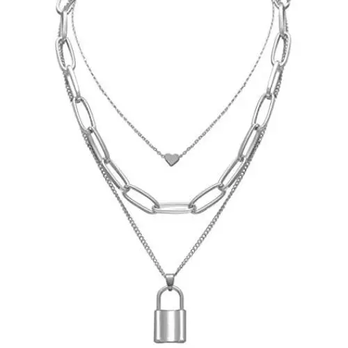 Salircon Layered Necklace Lock Key Pendant Punk Long Chain Statement Choker for Women Men Teen Girls