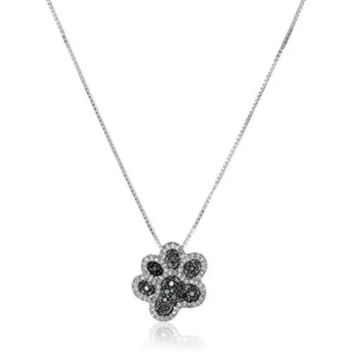 Sterling Silver Black and White Diamond Dog Paw Pendant Necklace (1/10 cttw), 18'' Sterling Silver Black and White Diamond Dog Paw Pendant Necklace (1/10 cttw), 18''